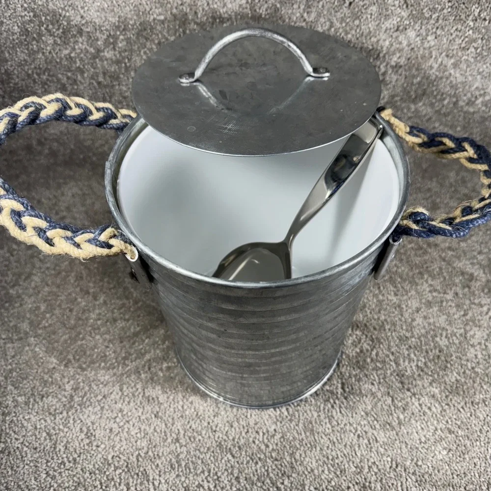Ice Bucket Silver Galvanized Ribbed Rope Handle Nautical Farmhouse Set